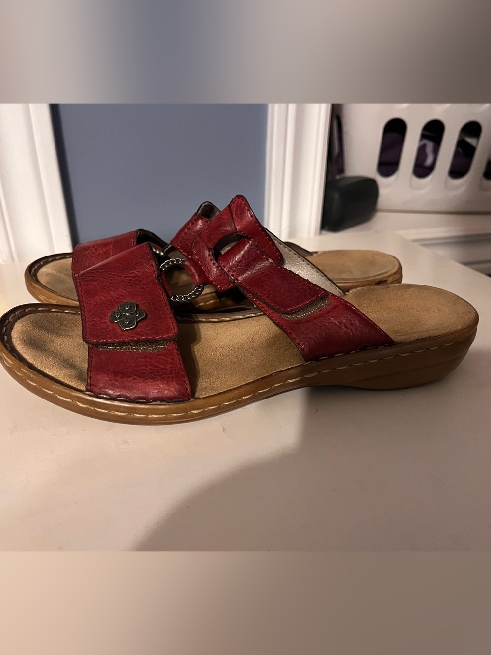 Women's Red Leather Slide Sandals with Decorative Buckle